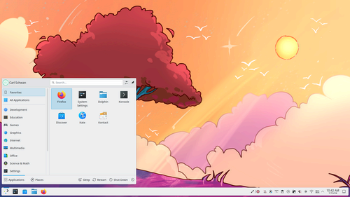 Screenshot of KDE Plasma desktop with start menu visible open.