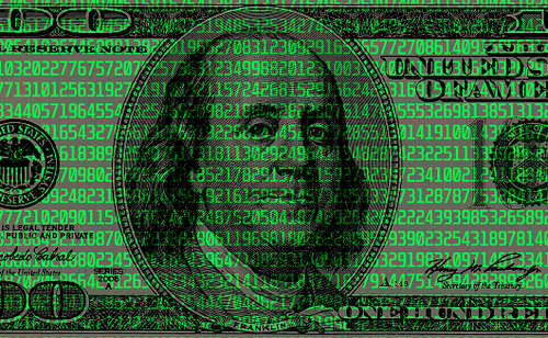 Digital code on the background of a 100 US dollar bill. Hacker attacks