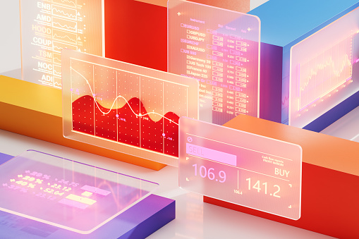 Digital Finance Evolution. Innovative Fintech Technology. Visualizing Financial Investment. Stock Market Trading Monitor