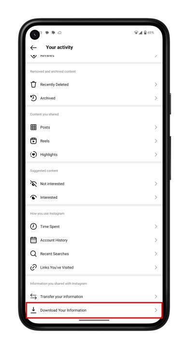 Where to find Download your data in Instagram.
