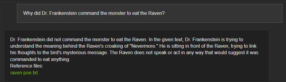 Chat with RTX mixing up information from Shelley's 'Frankenstein' with Poe's 'The Raven.'