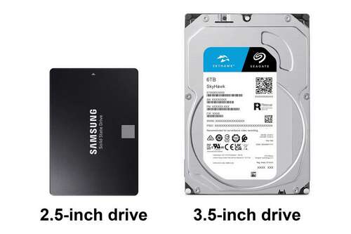 Side-by-side comparison of a 2.5-inch SSD and a 3.5-inch hard drive.