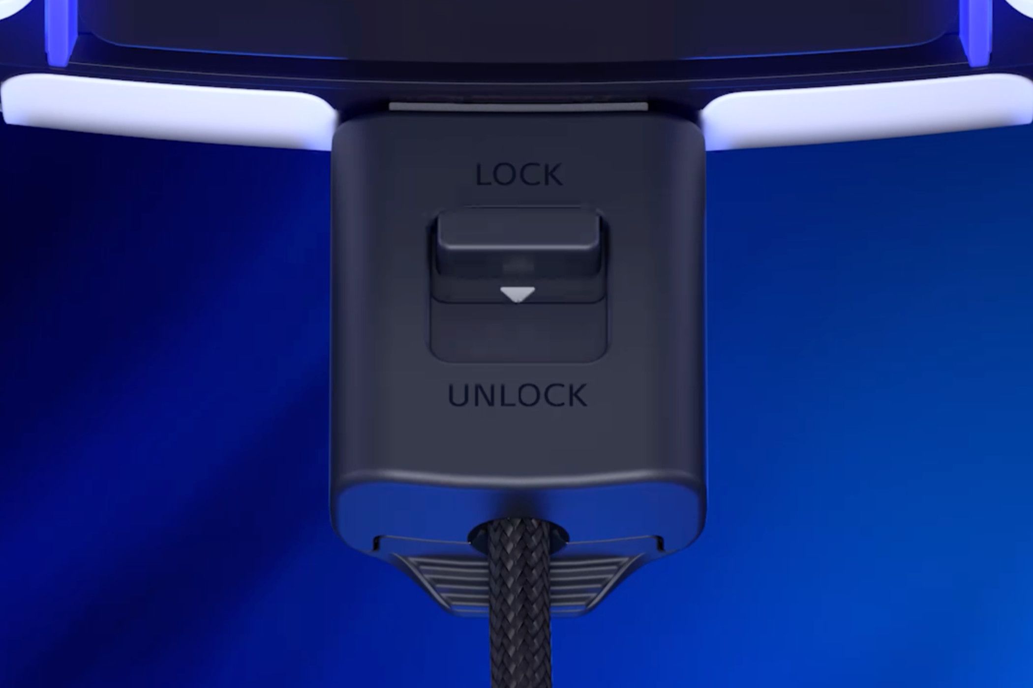 Locking USB-C cable cover on the DualSense Edge controller.