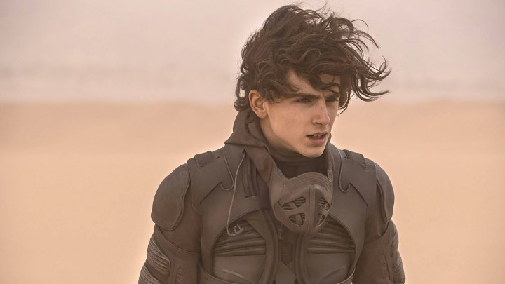 Timothy Chalamet walking in the desert, his hair flying in a scene from Dune.