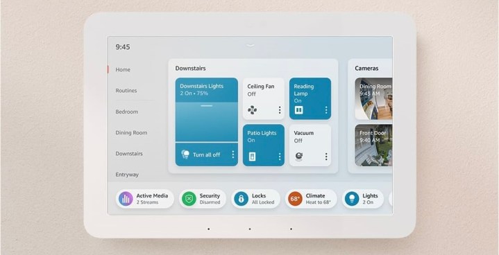 The Echo Hub showing smart home widgets.