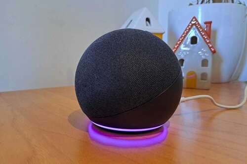 Photo of Echo speaker showing purple light.