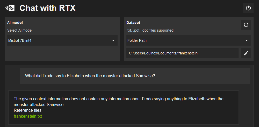 Chat with RTX correctly states that there is no information about Frodo Baggins or Samwise Gamgee in 'Frankenstein.'