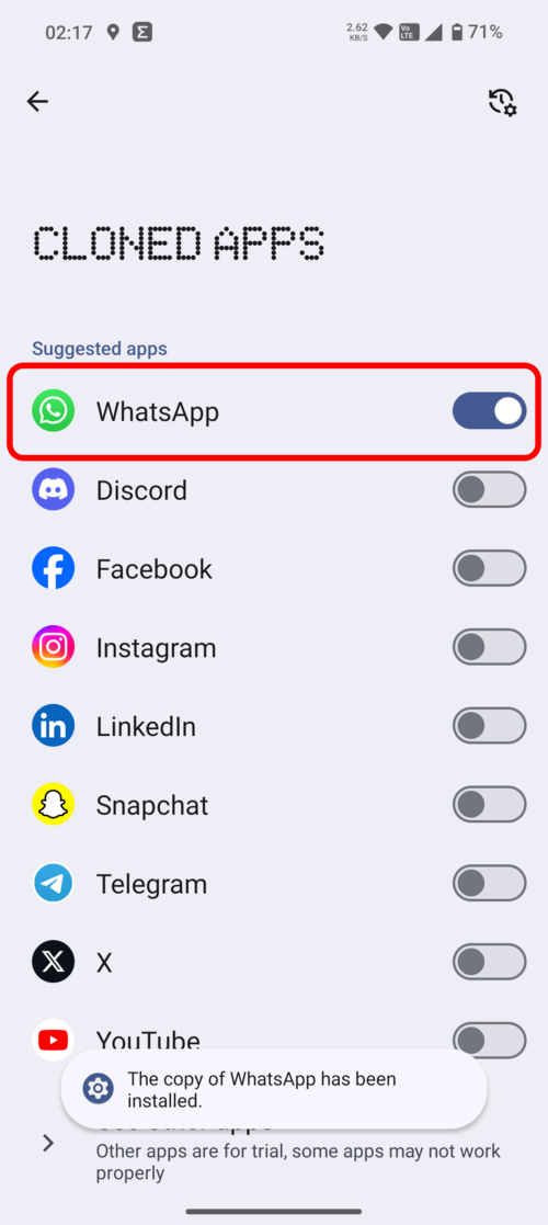 Nothing OS highlighting the enabled toggle of WhatsApp to clone it.