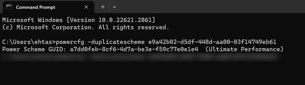 Enabling the Ultimate Performance power plan in the Windows Command Prompt.
