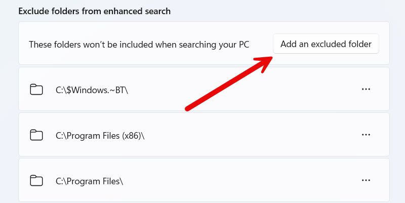 Adding an excluded folder on Windows 11.