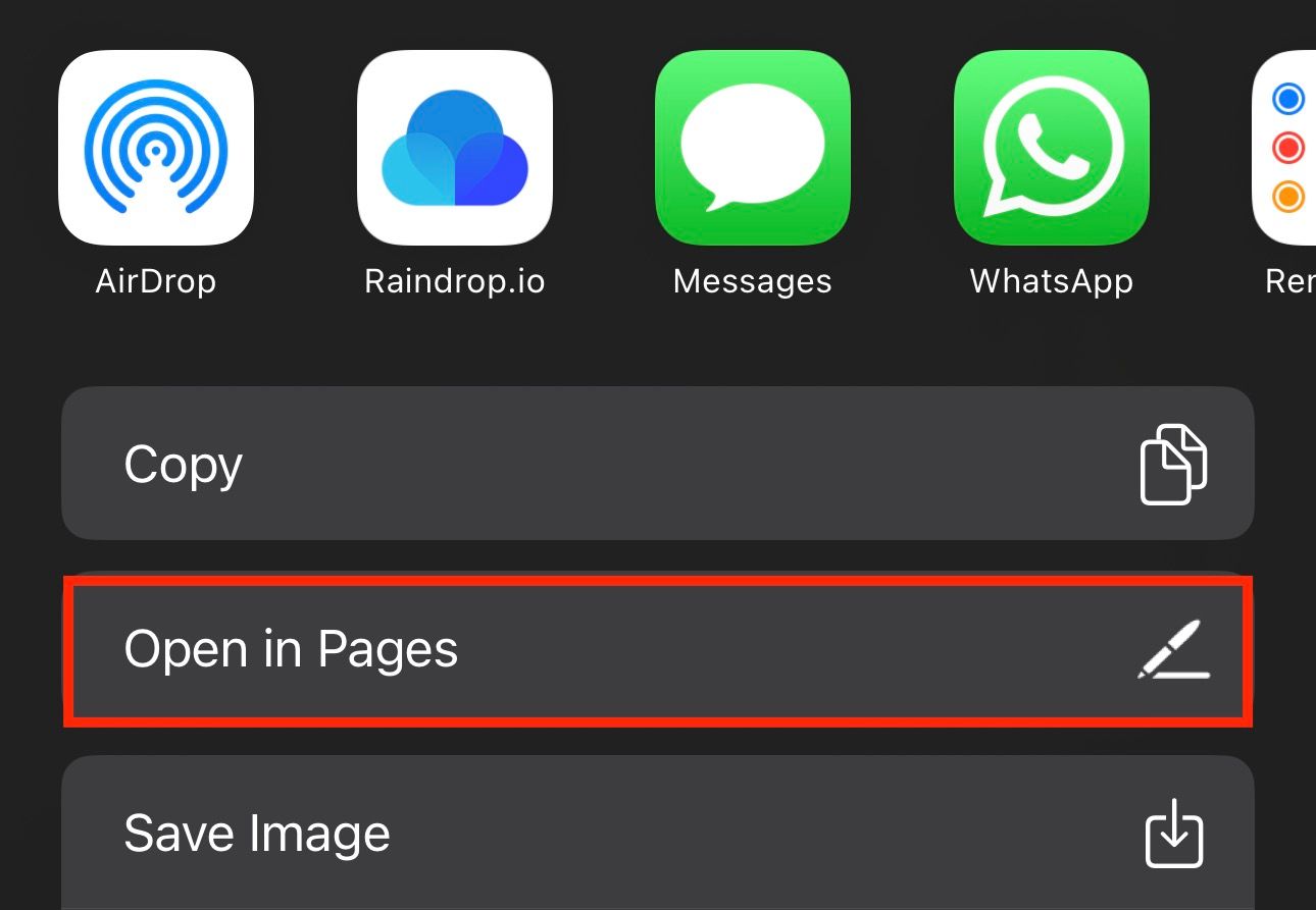 Open in Pages option in Apple Pages' Share Sheet.