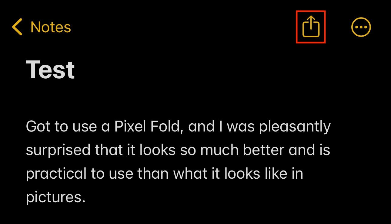 Share button in Apple Notes on an iPhone.