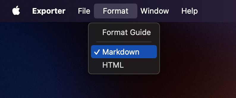 Choosing the format to export Apple Notes in on a Mac.
