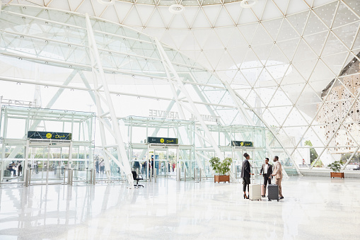 Extreme wide shot business colleagues in discussion in airport arrivals