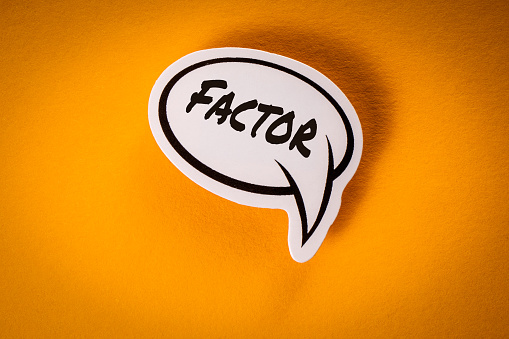 FACTOR concept. Speech bubbles with text on a yellow background