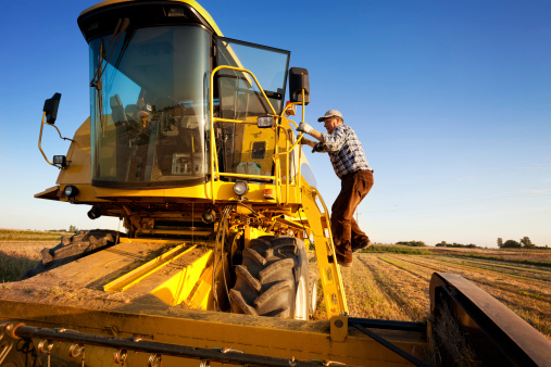 Farmer enters the combine harvester