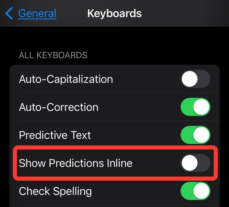 Keyboards option with Show Predictions Inline outlined in red