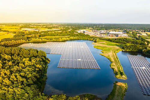 Floating solar farm producing clean renewable electricity energy