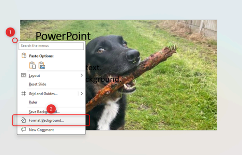 PPT window showing how to access 'Format Background' by rickt-clicking in the gray area.