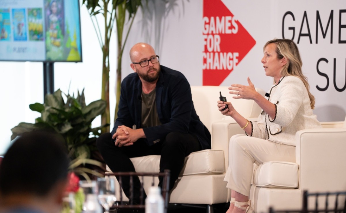 Jude Ower (right) and Mathias Gredal Nørvig speaking at Games for Change 2023 at the UN.