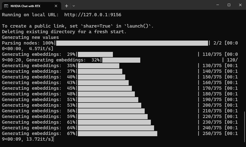 Chat with RTX generating embeddings from a plain text novel. 