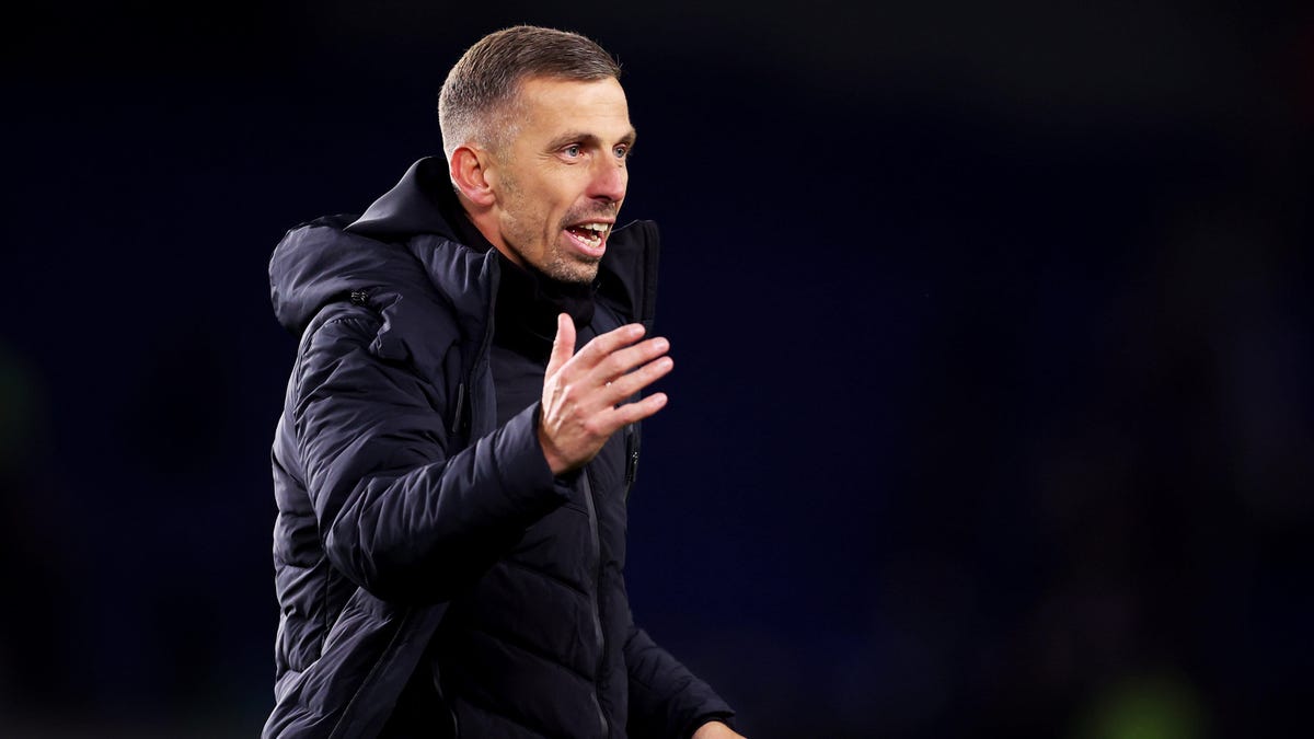 Side on image of Wolverhampton Wanderers manager Gary O'Neil, smiling, shouting, with his right hand open and raised.