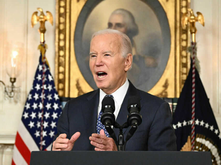 US President Joe Biden answers questions about Israel after speaking about the Special Counsel report in the Diplomatic Reception Room of the White House in Washington, DC, on February 8, 2024 in a surprise last-minute addition to his schedule for the day.