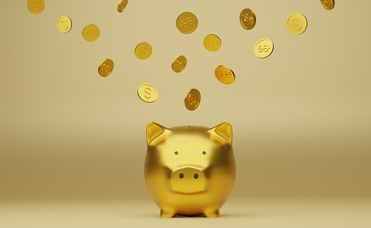 Golden piggy bank and golden coins, 3d render