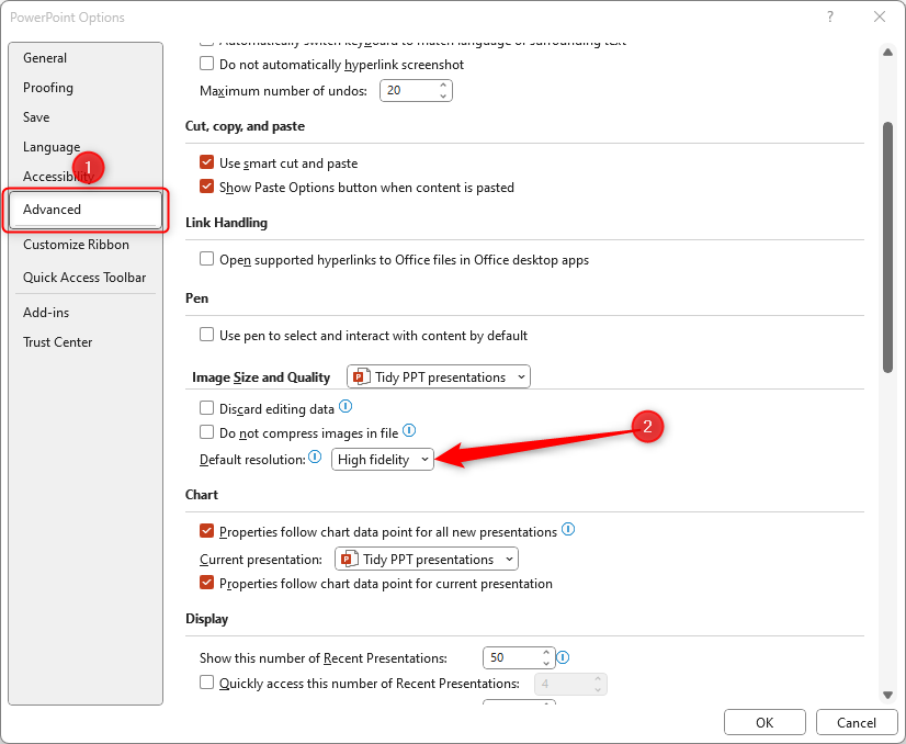 PPT's 'Options' dialog box is open with 'Advanced' and 'High Fidelity' highlighted.