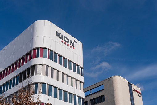 Holding company building with letters KION, KION GROUP AG company, German multinational manufacturer of materials handling equipment, headquarters Frankfurt, Germany - February 13, 2024