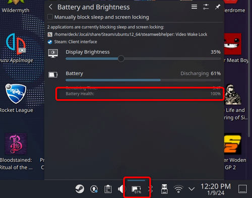 Checking the battery health percentage of your Steam Deck.