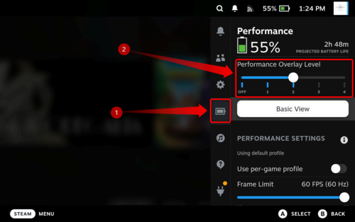 Adjusting the Performance Overlay Level under Steam OS settings.