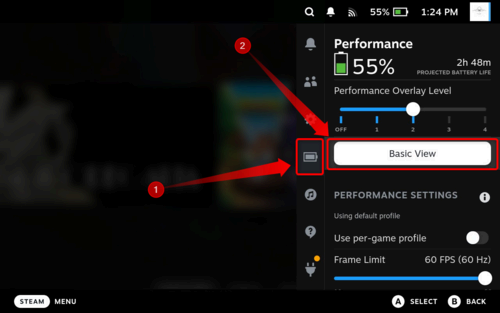 Toggling between Basic View and Advanced View in SteamOS settings.