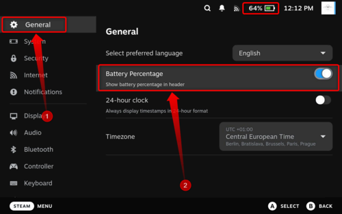 Enabling Battery Percentage toggle in SteamOS General settings.