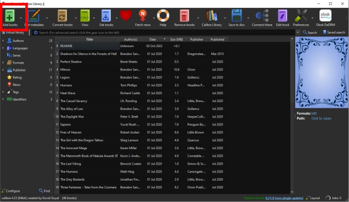 Adding a book to Calibre.