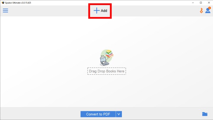 Epubor, with the Add button highlighted.