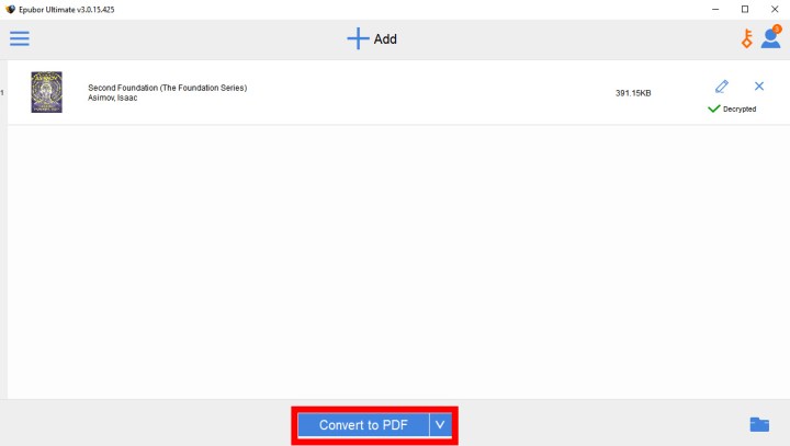 The Convert to PDF button highlighted in Epubor.