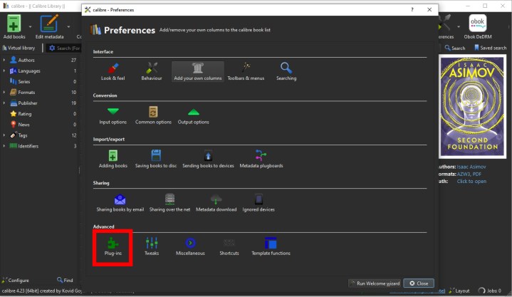 Finding the Plug-in menu in Calibre.