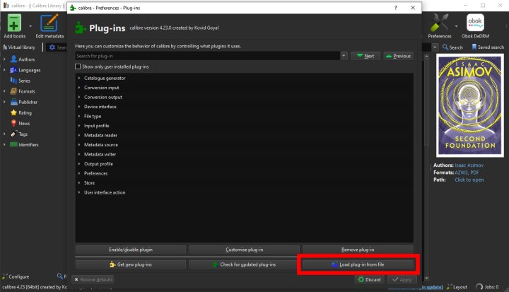 Loading the plug-in in Calibre.