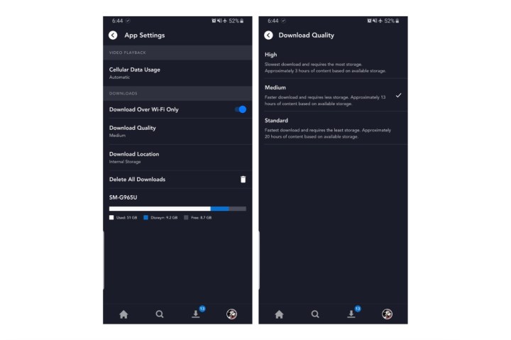 How to download from Disney+. The screens for selecting download quality.