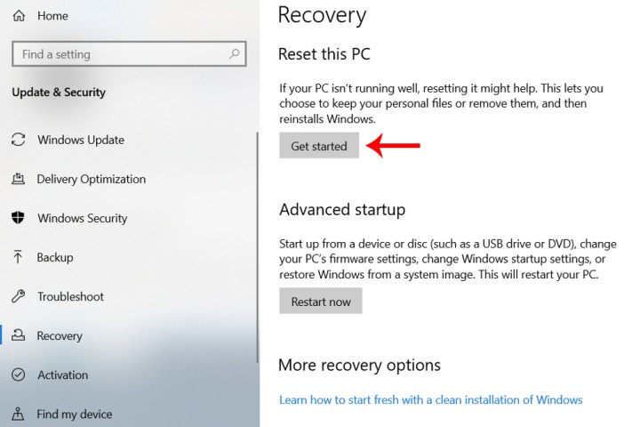 The Reset This PC and Get Started buttons in Windows 10.