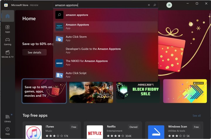 Searching for Amazon Appstore app in Microsoft Store.