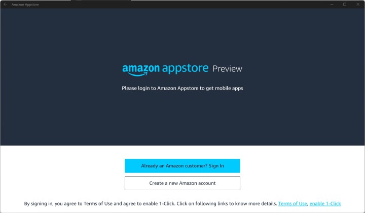 Amazon Appstore sign-in on Windows 11.