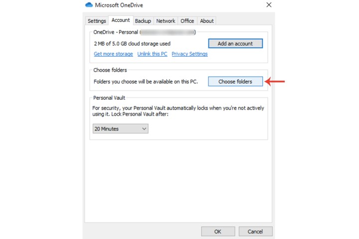 The Choose folders button for Microsoft OneDrive in Windows 10.