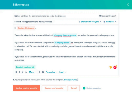 Screenshot of sample HubSpot email template.