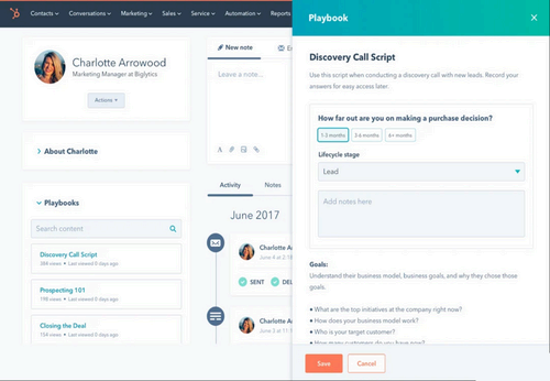 Sample playbook feature on HubSpot's dashboard.