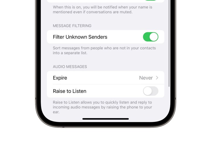 iPhone showing Filter Unknown Senders switch in Messages settings.
