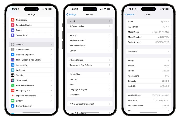 Three iPhones showing how to access information about an iPhone from the Settings app.