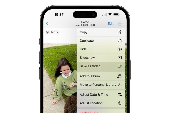 iPhone showing Photos app with Live Photo and Save as Video menu option.