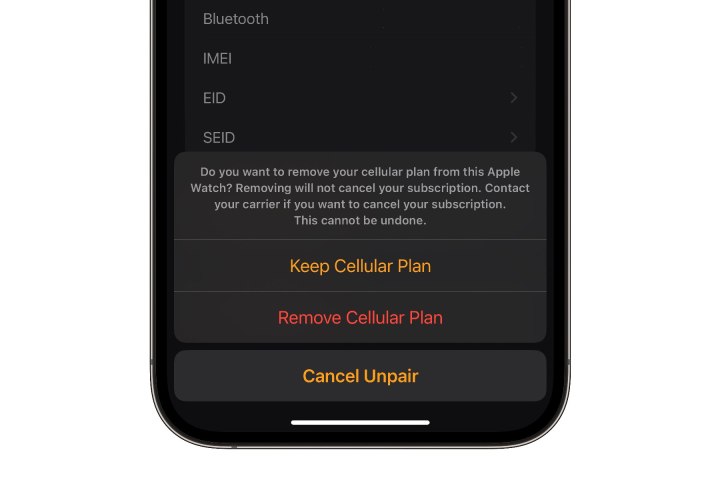 iPhone showing option to Keep or Remove Cellular plan when unpairing Apple Watch.